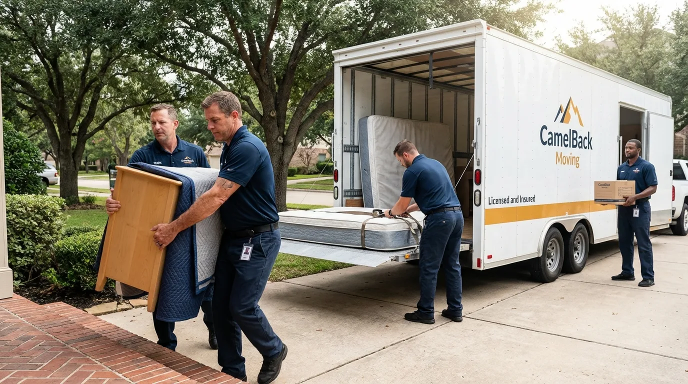 Crew loading residential truck for cross-state move from Little Falls, MN
