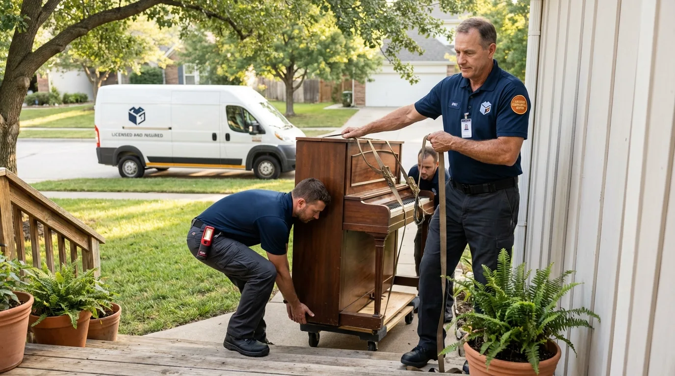 Licensed piano movers securing grand piano in Little Falls, MN