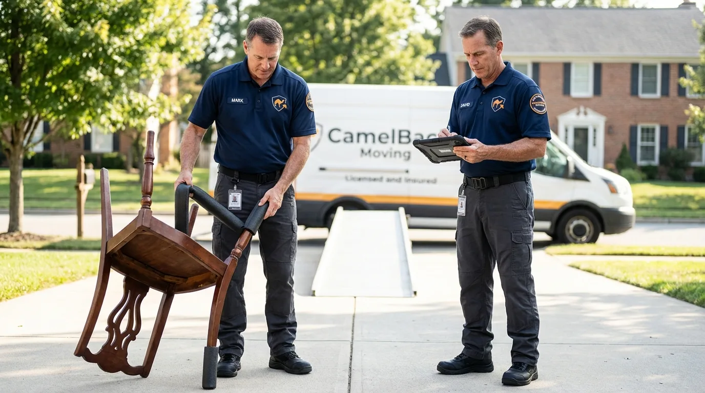 Movers inspecting furniture for damage prevention before loading in Little Falls, MN