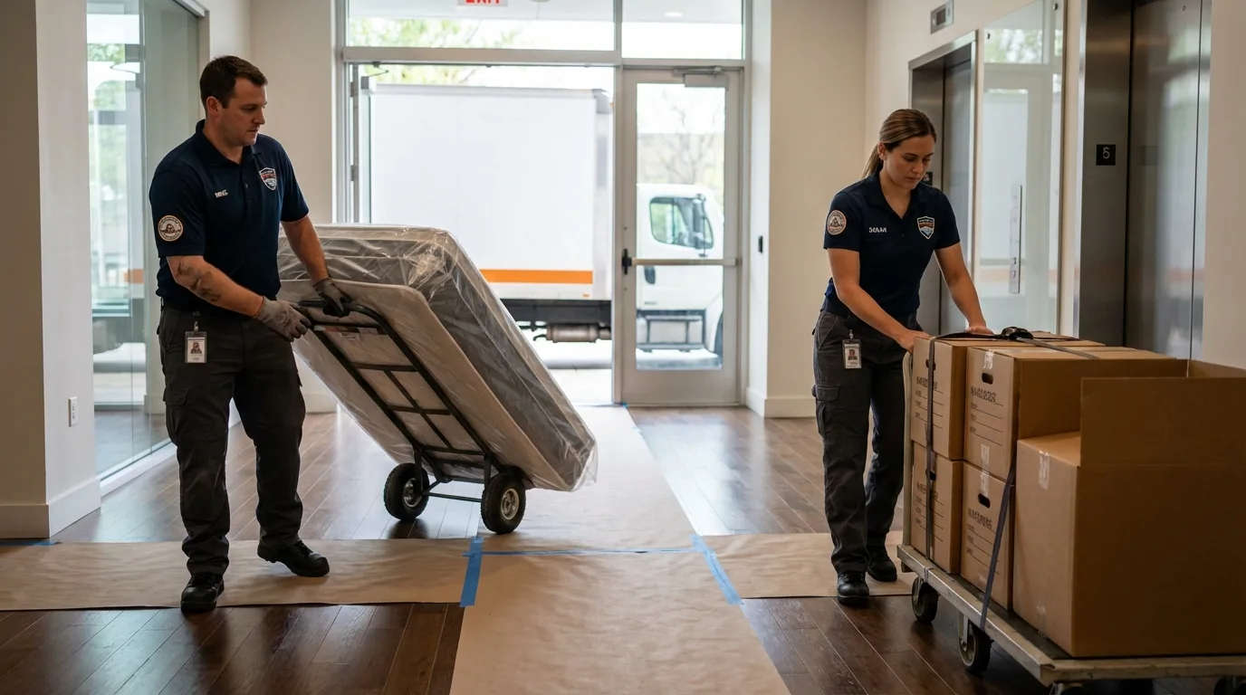 Professional apartment movers loading elevator in Little Falls, MN