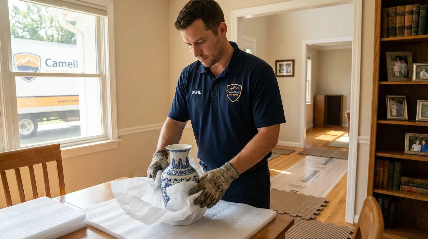 Professional crew carefully wrapping antique vase for senior downsizing move in Little Falls, MN