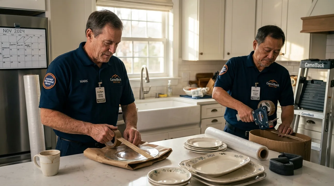 Professional crew packing kitchen dishware in Little Falls, MN